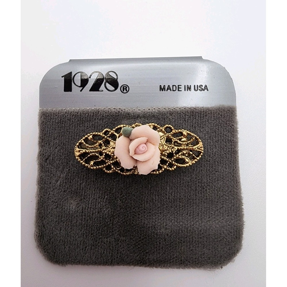 Vtg 1928 Brooch Pink Rose Handmade Porcelain Goldtone Filigree Victorian NEW